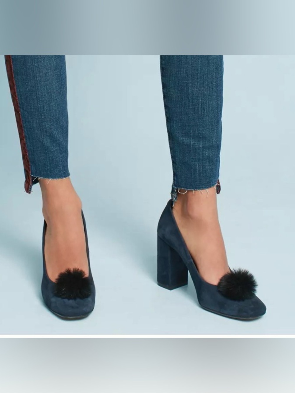 Anthropologie suede navy blue block heel pumps w/ faux fur pompons. Vintage. 6.5 - Picture 4 of 15